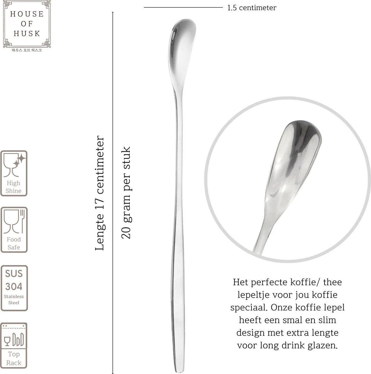 House Of Husk Latte Macchiato Lepels Set - Lange Theelepels - Koffielepels - Longdrinklepels - Barlepel - RVS - 6 Stuks - 17CM - Zilver 2 House Of Husk Latte Macchiato Lepels Set - Lange Theelepels - Koffielepels - Longdrinklepels - Barlepel - RVS - 6 Stuks - 17CM - Zilver - Afbeelding 2