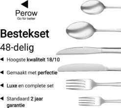 Perow 8 Persoons Bestekset - 48 Delig - 18/10 Edelstaal - Lepels, Messen, Vorken & Steakmessen - Vaatwasser Bestendig - Zilver -Tafelwaren Verkoop 1200x1073