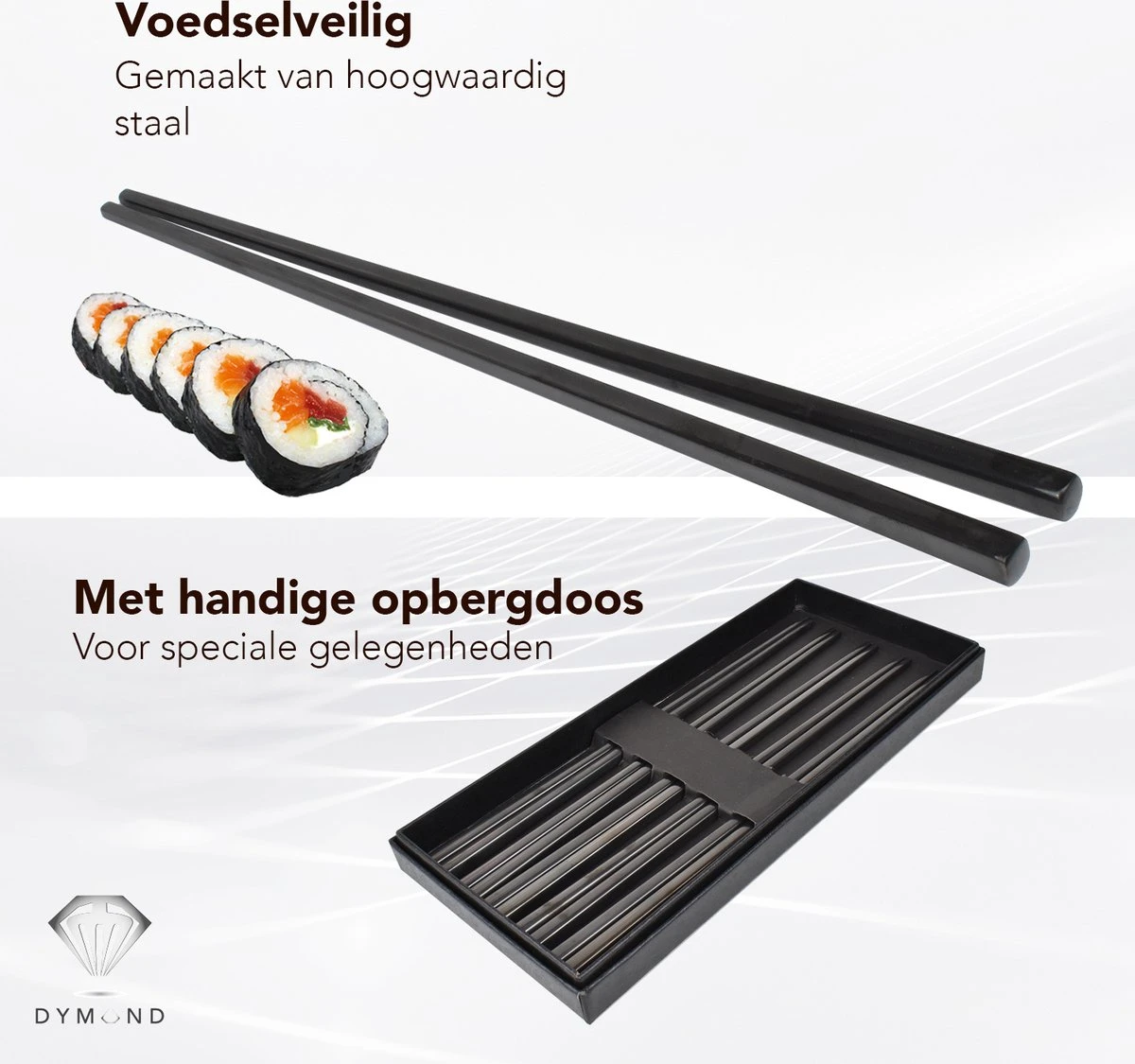 Dymund® Chopsticks - 5 Persoons Eetstokjes Set - Herbruikbaar - RVS - Zwart 2 Dymund® Chopsticks - 5 Persoons Eetstokjes Set - Herbruikbaar - RVS - Zwart - Afbeelding 2