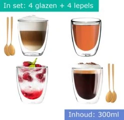 Dubbelwandige Koffieglazen - Cappuccino Glazen - Dubbelwandige Theeglazen - 300ML - 4x - Gratis Lepels -Tafelwaren Verkoop 1200x1163 3
