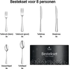 Perow 8 Persoons Bestekset - 48 Delig - 18/10 Edelstaal - Lepels, Messen, Vorken & Steakmessen - Vaatwasser Bestendig - Zilver -Tafelwaren Verkoop 1200x1177