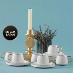Karaca - Saturn Gold Turkse Koffiekopjes, Mokkakopjes Set - Porselein - Voor 6 Personen, 12-delig, Wit En Goud, 6 Espressokopjes En 6 Schoteltjes - Koffieservies -Tafelwaren Verkoop 1200x1200 1225