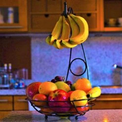 Merkloos Fruitmand Met Banaanhouder – Fruitschaal Zwart – Fruitmand Zwart Metaal – Bananenhouder – Fruitmand Hangend - Decoratieve Schaal – Keuken – 27x27x39