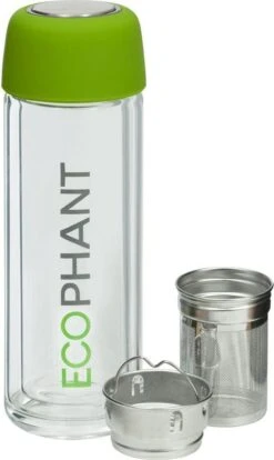 Ecophant Tea-To-Go Bottle - Dubbelwandige Theebeker – Drinkfles Voor Losse Thee – Met RVS Infuser – Inclusief Thee Zeef – Glas - 330 Ml