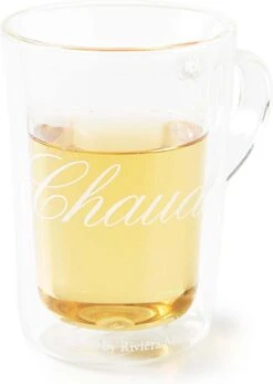 Riviera Maison Dubbelwandig Theeglas, Koffieglas Met Tekst - C'est Chaud Mug - Transparant - Glas 270 Ml - 1 Stuk