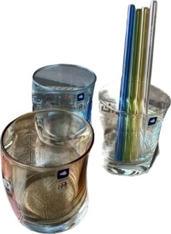 Luxe Design Set Water Karaf Met 6 Kleuren Smokey Glazen 300ml + GRATS Glazen Rietjes