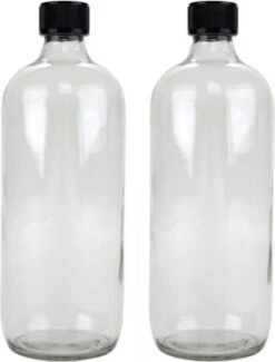 Merkloos 2x Glazen Flessen Met Schroefdop - Kruiken - 1000 Ml - Ronde Glasflessen / Flessen Met Schoefdoppen