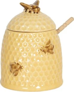 Clayre & Eef Honingpot Met Lepel Ø 11x14 Cm Geel Keramiek Rond Bijen Voorraadpot Deksel Bewaarpot Opbergpot